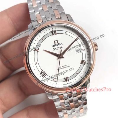 Best Copy Omega De Ville Prestige Two Tone Rose Gold White Dial 39.5mm Watch